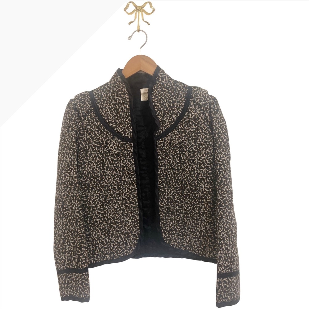 Vintage Black Floral Quilted Open Front Jacket Mock Neck Cropped Size 7/8 XS S